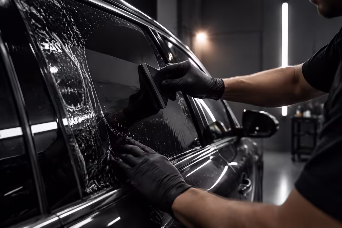 Installer squeegeeing ceramic tint film onto a car window